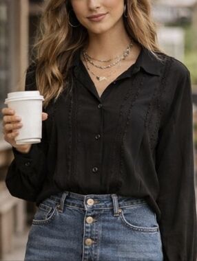 Zara Black Lace Panel Blouse Button Up Sheer Sleeve Boho Chic Top M